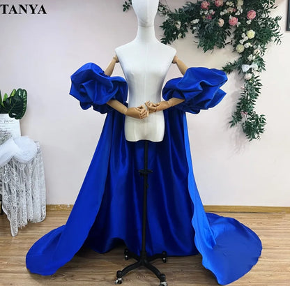 Red  Mikado Satin Long Wedding Cape Puffy Short Sleeves Court Tain Evening Cape Outfit Coat For Women Costume DJ199