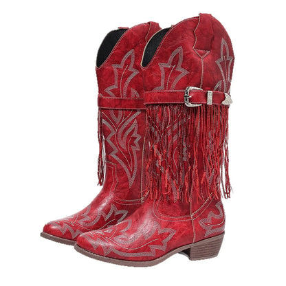 Spring Autumn Red Fringe Women's Mid Calf Boots Block Heels 4.5cm Pointed Toe Embroidery Belt Buckle Western Cowboy Boots Shoes