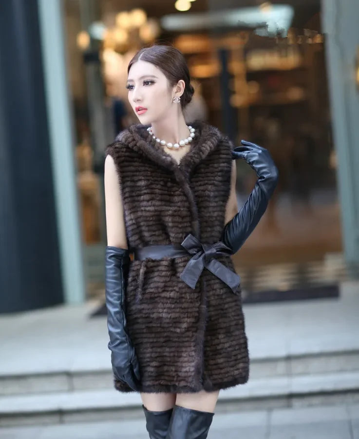 winter ladies fur vest genuine mink fur knitted warm outerwear with hood and belt  80cm long gray black autumn waistcoat