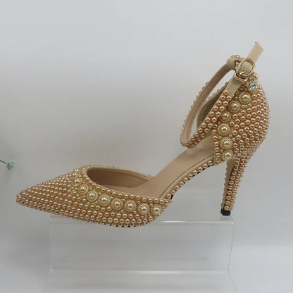 Champagne Pearl Wedding Bridal Shoes Woman Fashion Thin Heel Party Dress Shoe Lace-up Pointed Toe High Handmade Ankle Strap Shoe