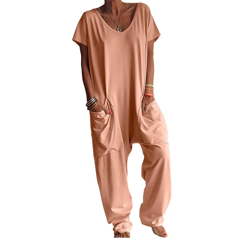 Women Summer Solid V Neck Jumpsuit European Hot Oversized Pockets Low Crotch Loose Rompers Ladies Casual Daily Outfit