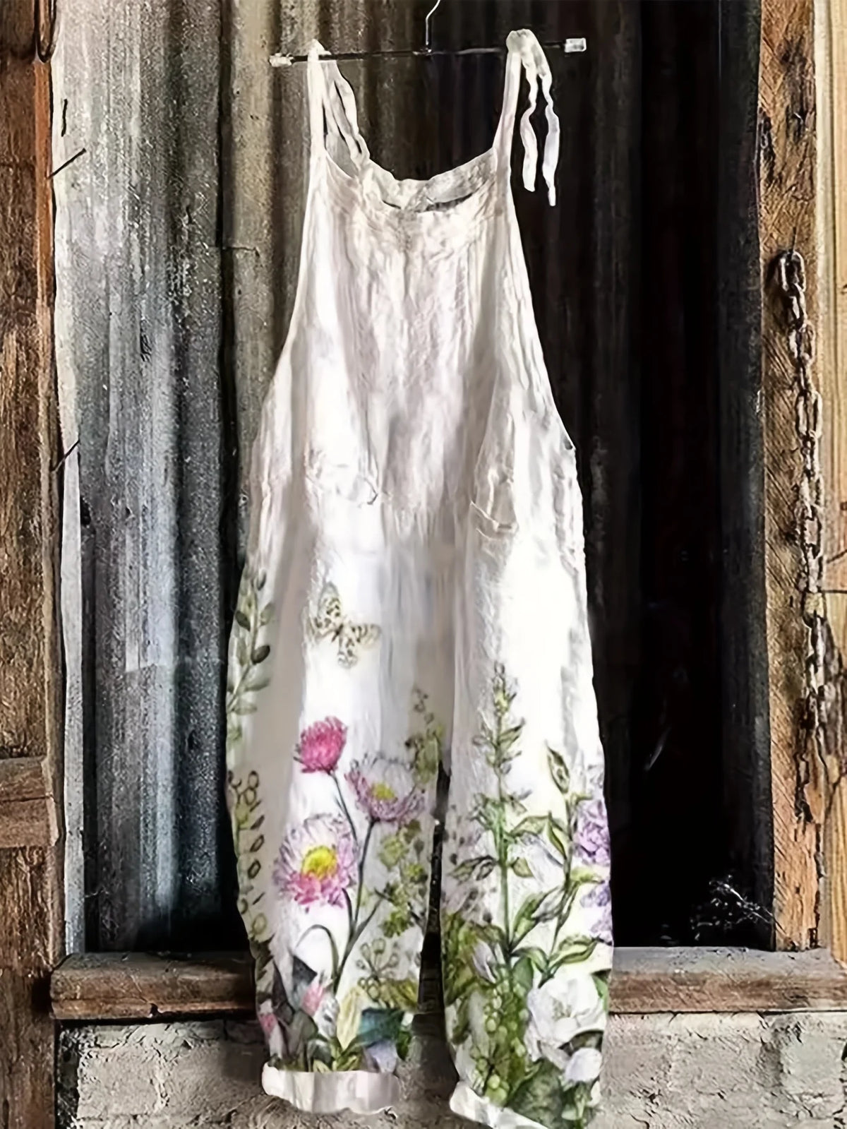 Summer Bohemian Floral White Daisy Print Baggy Jumpsuits Ladies Soft Cotton Linen Tie Strap Wide Leg Overalls Casual Daily Wear