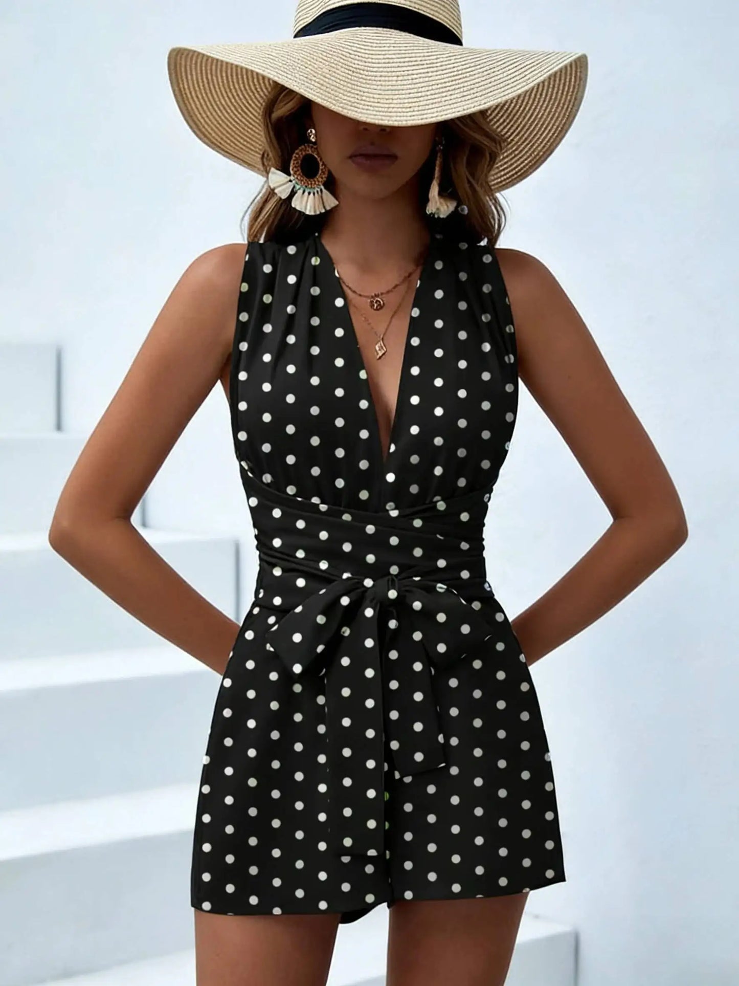 Women Halter Sleeveless Deep V Belted Polka Dot Fitted Romper Boho Spring Summer Vacation Beach Lightweight Breathable Romper