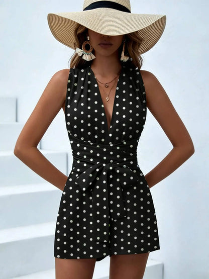 Women Halter Sleeveless Deep V Belted Polka Dot Fitted Romper Boho Spring Summer Vacation Beach Lightweight Breathable Romper