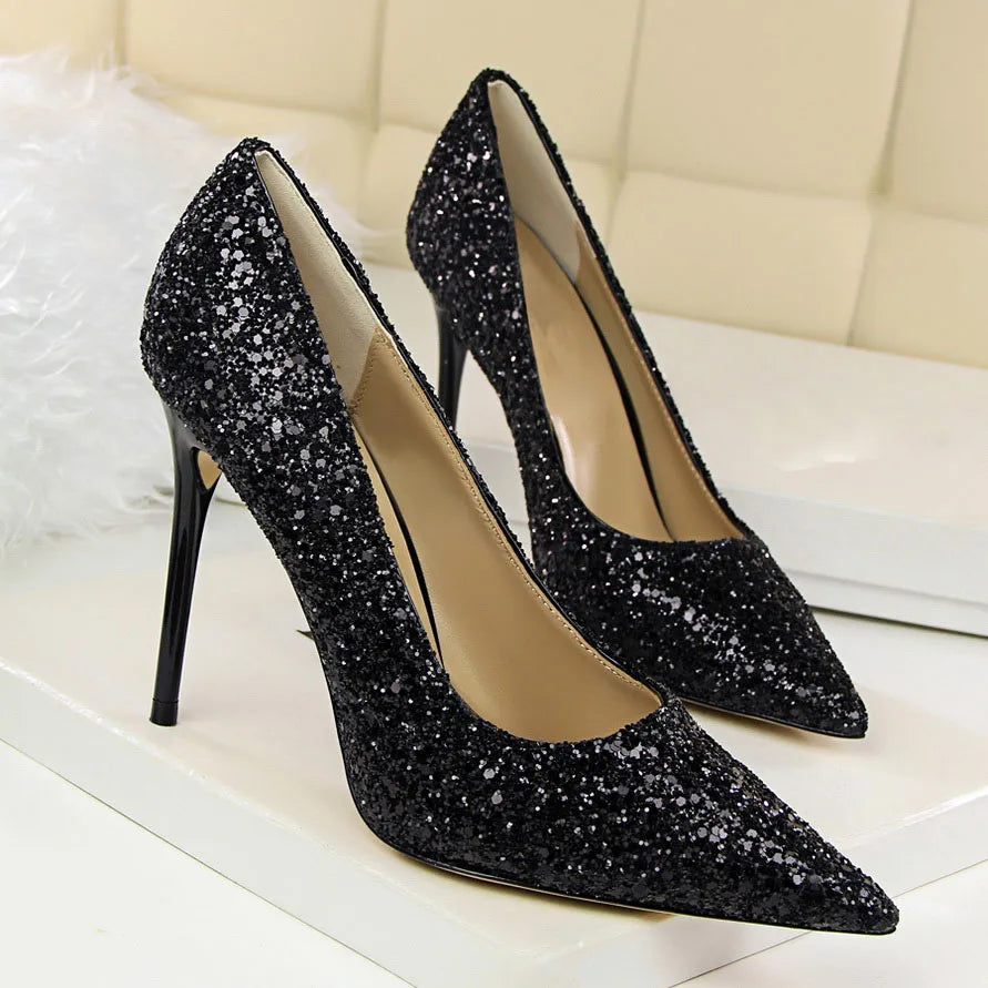 Women 7cm 9.5cm High Heels Pumps Wedding Bridal Scarpins Sparkly Mid Heels Lady Party Sequins Glitter Evening Gold Silver Shoes