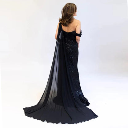 Customized Cap Sleeve Sequin Evening Dresses One Shoulder Mermaid Mother of the Bride Gown Chiffon Train Formal Gown