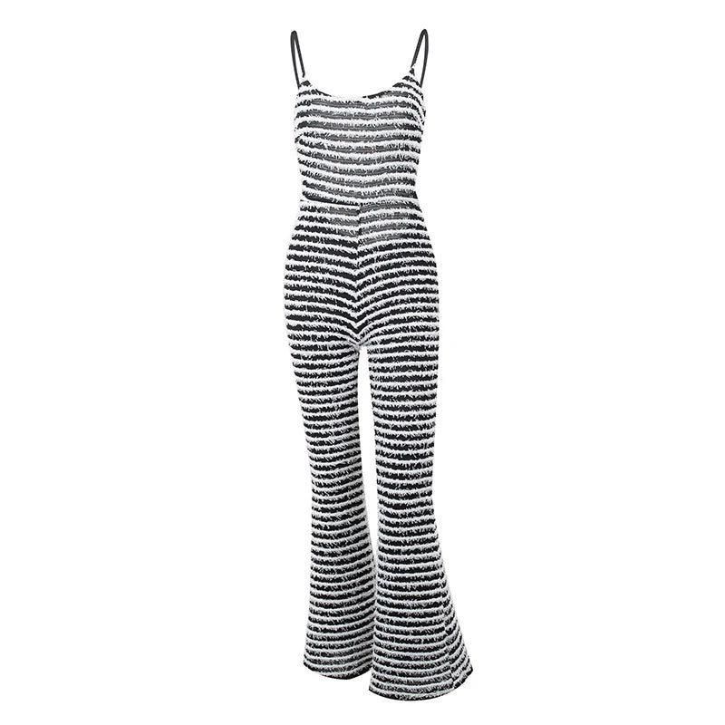 OMSJ New Style Backless Jumpsuits For Women Sexy Camisoles High Waist Hip Lifting Striped One-piece Rompers Flare Pants Clubwear