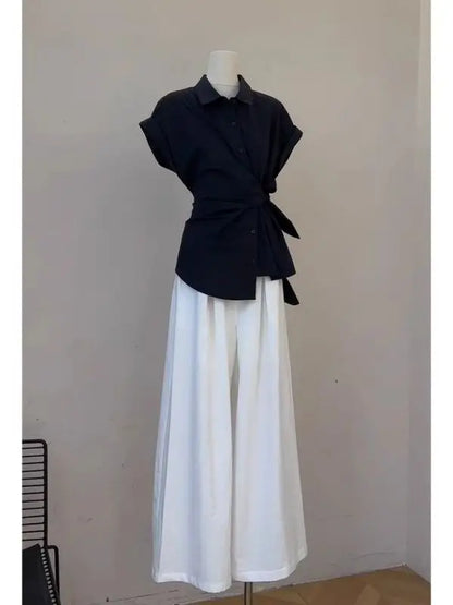 2026 New Women's Fashion Shirt And Pants Set Belted Loose Wide Leg Pants Thin Material Spring Autumn Wear High Waist Polyester