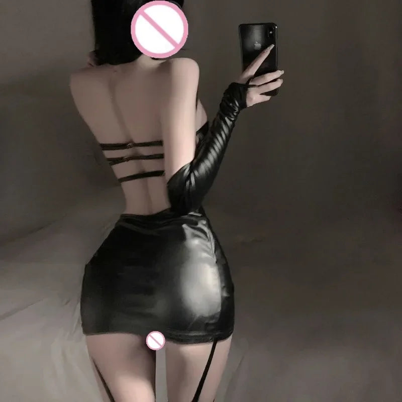 Ladies' Sexy Lingerie Sexy Hollow Out Leather Dress Nightclub Slimming Off The Shoulder Hot and Spicy Passion Set