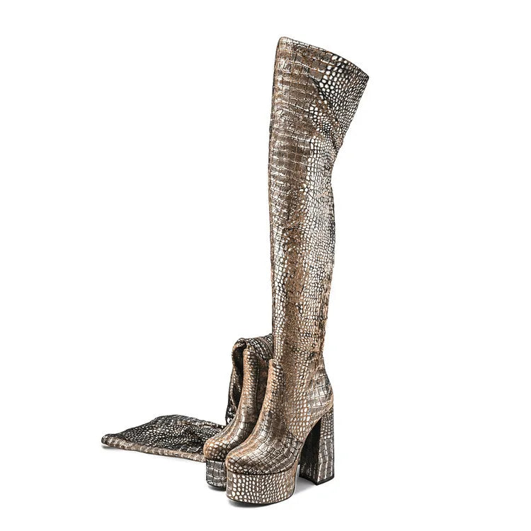 15CM Chunky Heel Platform Woman Over-the-knee Snake Pattern Boots Wild T Show Shoes Sexy Slimming Stretch Thigh Boots For Women