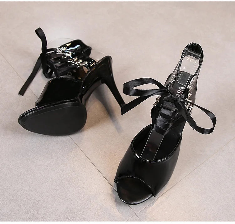 2025 New Sexy Pink High Heels 11cm Women's Shoes Fine Heels Round Head Ladies Pumps Ankle Lace-up Buckle Sandals Nightclub Shoes