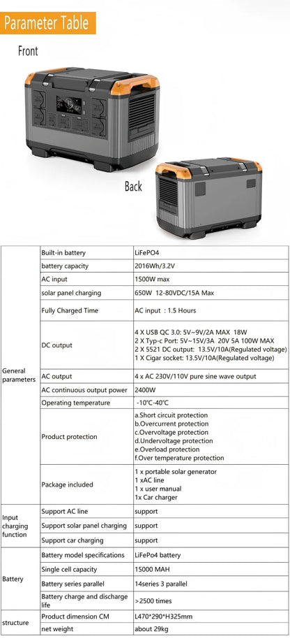 Portable Power Station 3000W LiFePO4 Battery, Fast Charging, Suitable for Outdoor Trips, Parties and Indoor Emergency Pow