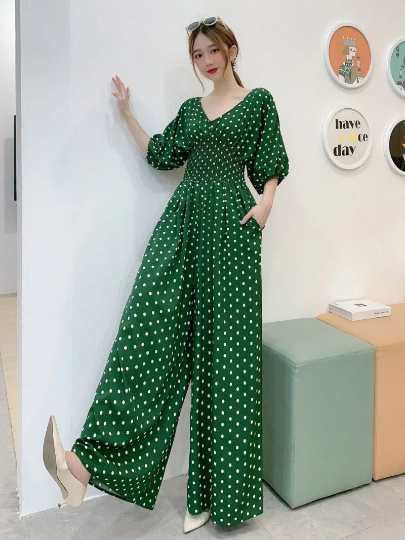 Jumpsuit Women Summer New Temperament Polka Dot V-neck High Waist Casual Wide Leg Jumpsuit Elegant Party One Piece Jumpsuits