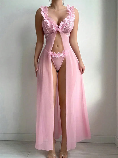 Women Babydolls Nighties Pink Floral Sexy Lingerie Dress Exotic Slip Nightdress Deep-V Lace Mesh See Through Nightgowns