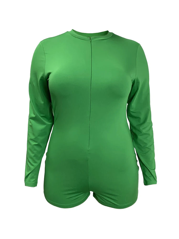 Summer Sexy Playsuit Ladies Skinny Solid Fashion Long Sleeves Slim Green Jumpsuit Shorts Woman Plus Size Zipped Jumpsuit