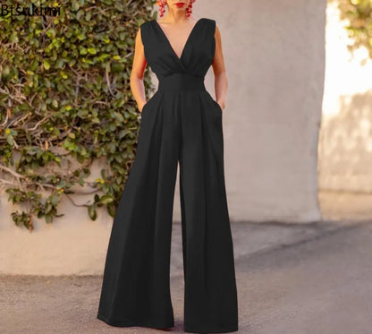 2026 Women's Elegant Jumpsuits Summer Sexy Deep V Slim High Waist Jumpsuits Fashion Sleeveless Wide Leg Rompers Female Overalls