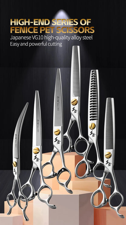 Fenice King Series VG10 Steel 7/7.5/8 Inch Professional Pet Dogs Grooming Scissors Straight Curved Thinnier Chunker Shears Tools