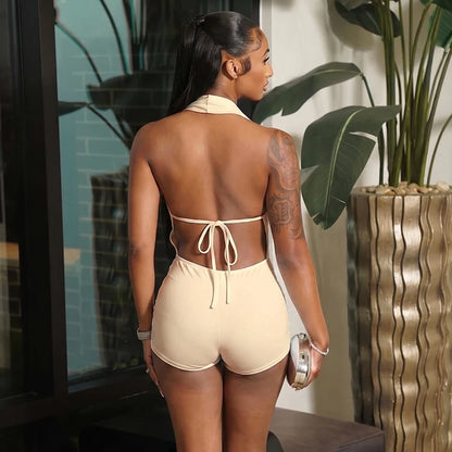 Sexy solid color hanging neck and swinging neck, large backless sleeveless jumpsuit shorts
