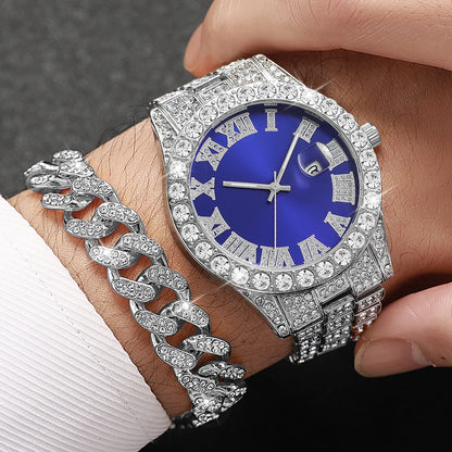 Men Iced Watch Set Red Crystal Cross Necklace Diamond Cuban Bracelet