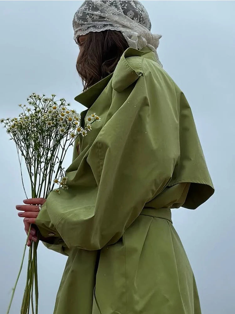 Women Khaki Long Color-block Stripe Trench Coat Wide Lapel Loose Drop Shoulder Blue Lining Slit Windbreaker Commute Outing Coats