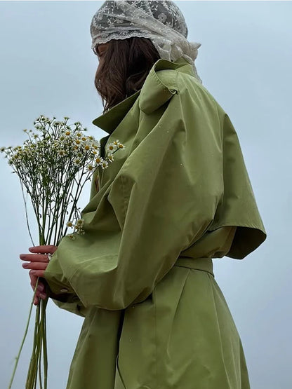 Women Khaki Long Color-block Stripe Trench Coat Wide Lapel Loose Drop Shoulder Blue Lining Slit Windbreaker Commute Outing Coats