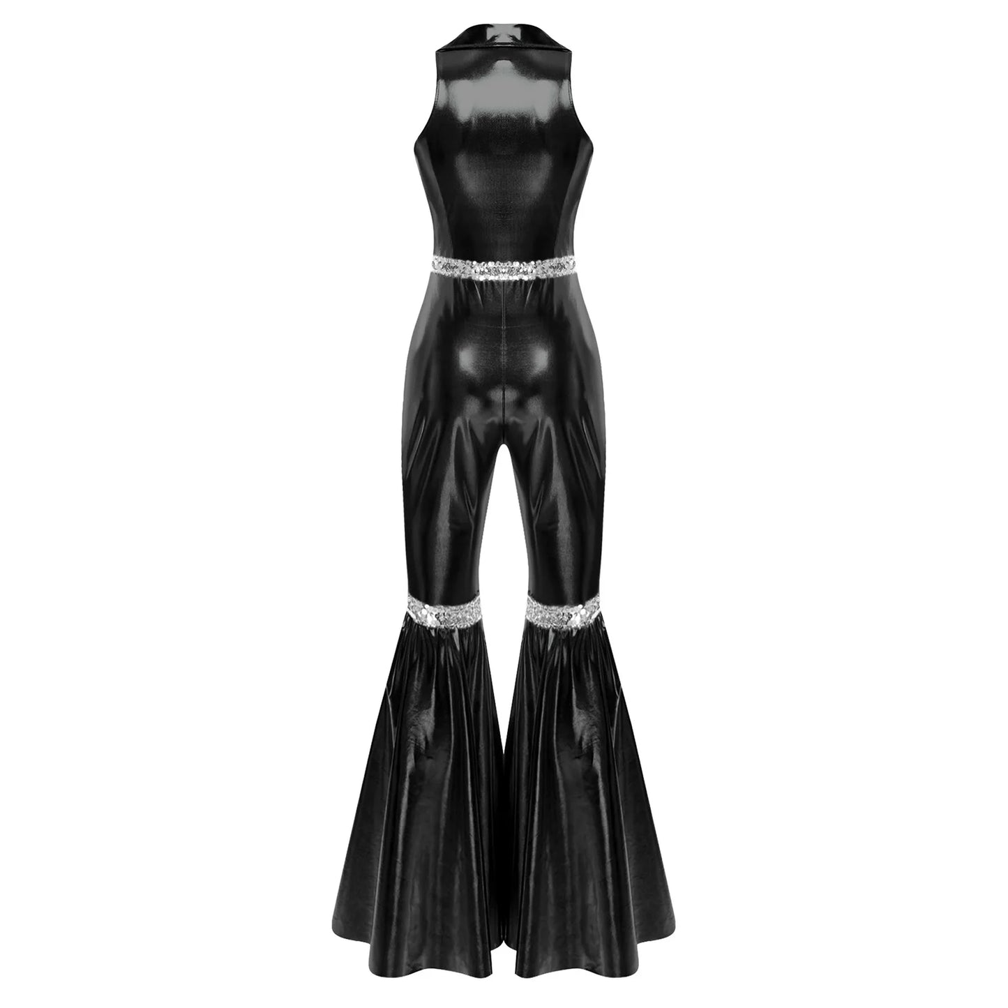 Adult Womens 70s Disco Rompers Lapel V Neck Sleeveless Front Zipper Sequins Bell Bottom Long Pants Jumpsuit Retro Jazz Dancewear