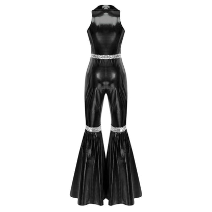 Adult Womens 70s Disco Rompers Lapel V Neck Sleeveless Front Zipper Sequins Bell Bottom Long Pants Jumpsuit Retro Jazz Dancewear