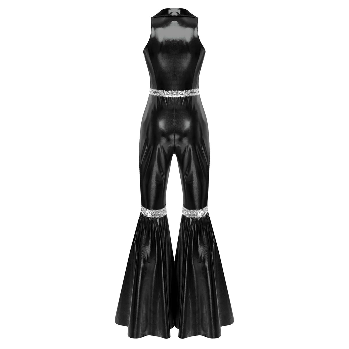 Women Vintage One Piece 70s Disco Dance Rompers Sleeveless Metallic Bell Bottom Flared Pants Jumpsuit for Retro Party Jazz Dance