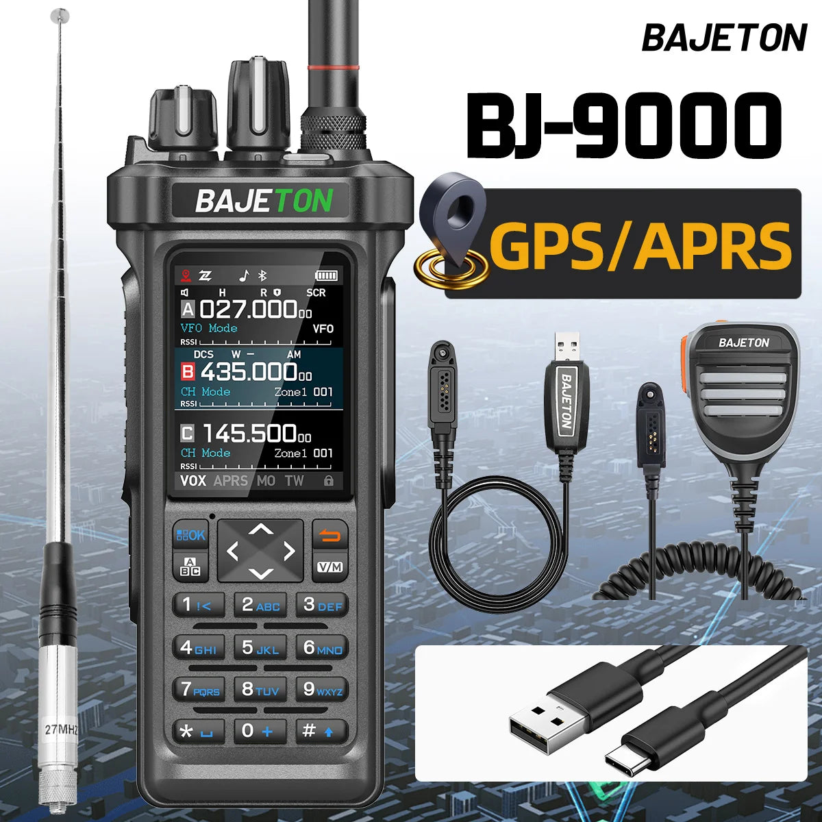 BAJETON BJ-9000 Walkie Talkie CB/SSB/HF 27Mhz Bluetooth Programmable GPS APRS 10W Long Rang For RT-950 RT-950 PRO Ham Radio