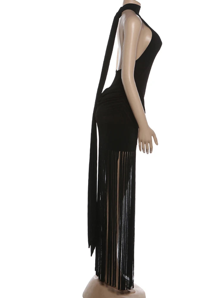 Weird Puss Halter Turtleneck Dress Women Velvet Ruched Patchwork Tassel Hem Elegant Sexy Backless Valentine's Day Party Bodycon