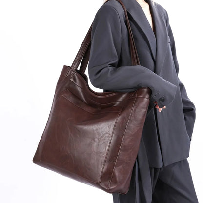 High Quality Oil Skin Leather Bucket Hand Bags for Women Female Shoulder Top-Handle Bag Luxury Handbas Women Large Commute Bags