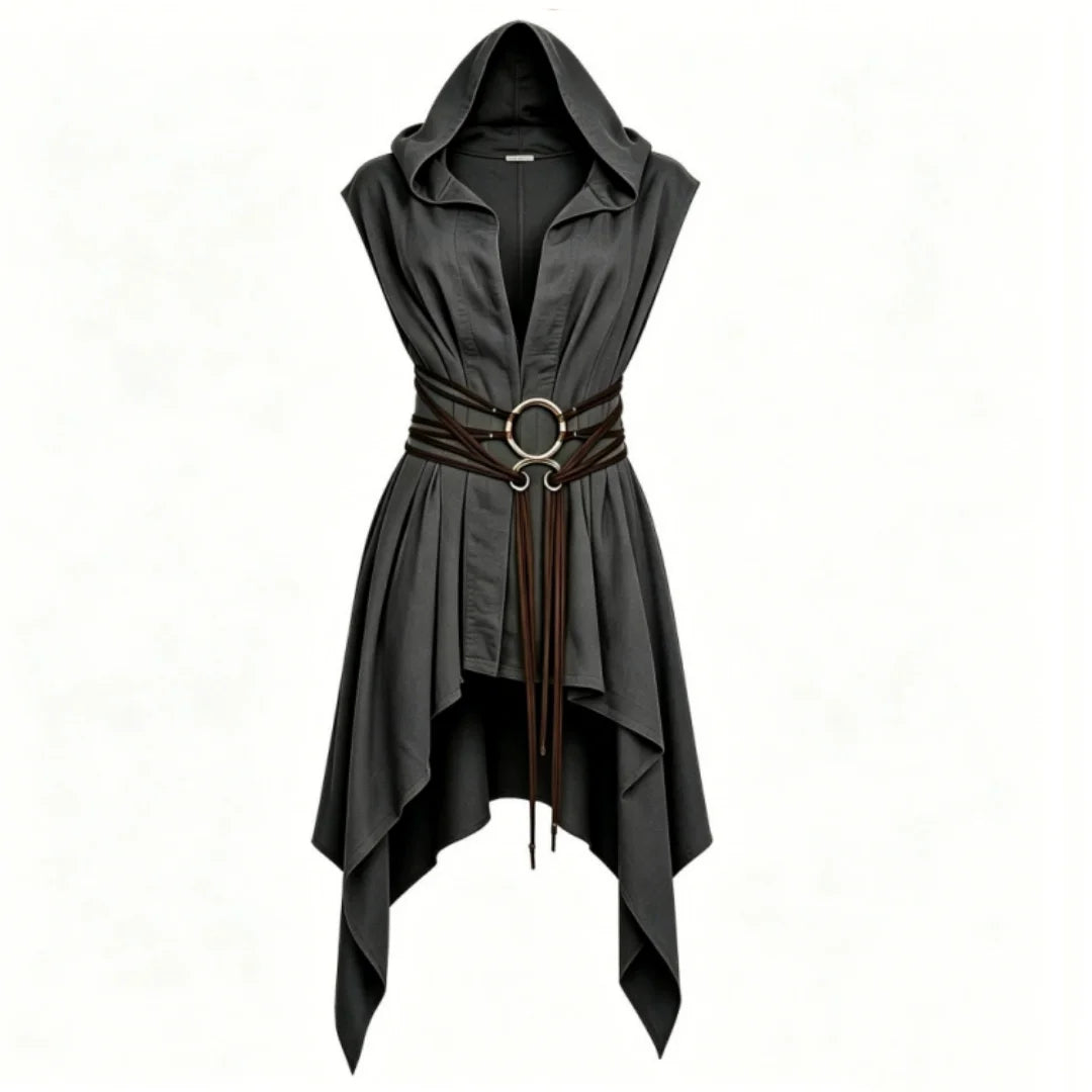 Cosplay Costume Women Irregular Hem Renaissance Elf Tunic Robe Medieval Ranger Hooded Sleeveless Cloak Belt Witch Hunter Show