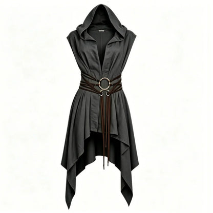 Cosplay Costume Women Irregular Hem Renaissance Elf Tunic Robe Medieval Ranger Hooded Sleeveless Cloak Belt Witch Hunter Show