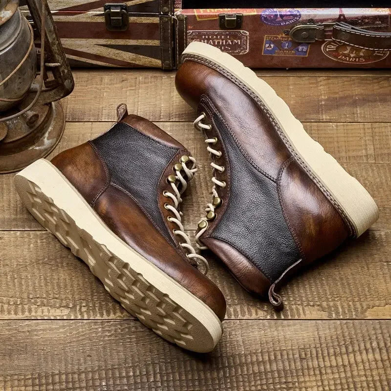High Quality Handmade Autumn Winter Shoes Vintage Cow Leather Designer Lace-up Round Toe Mens Ankle Boots Desert Motorcycle Boot