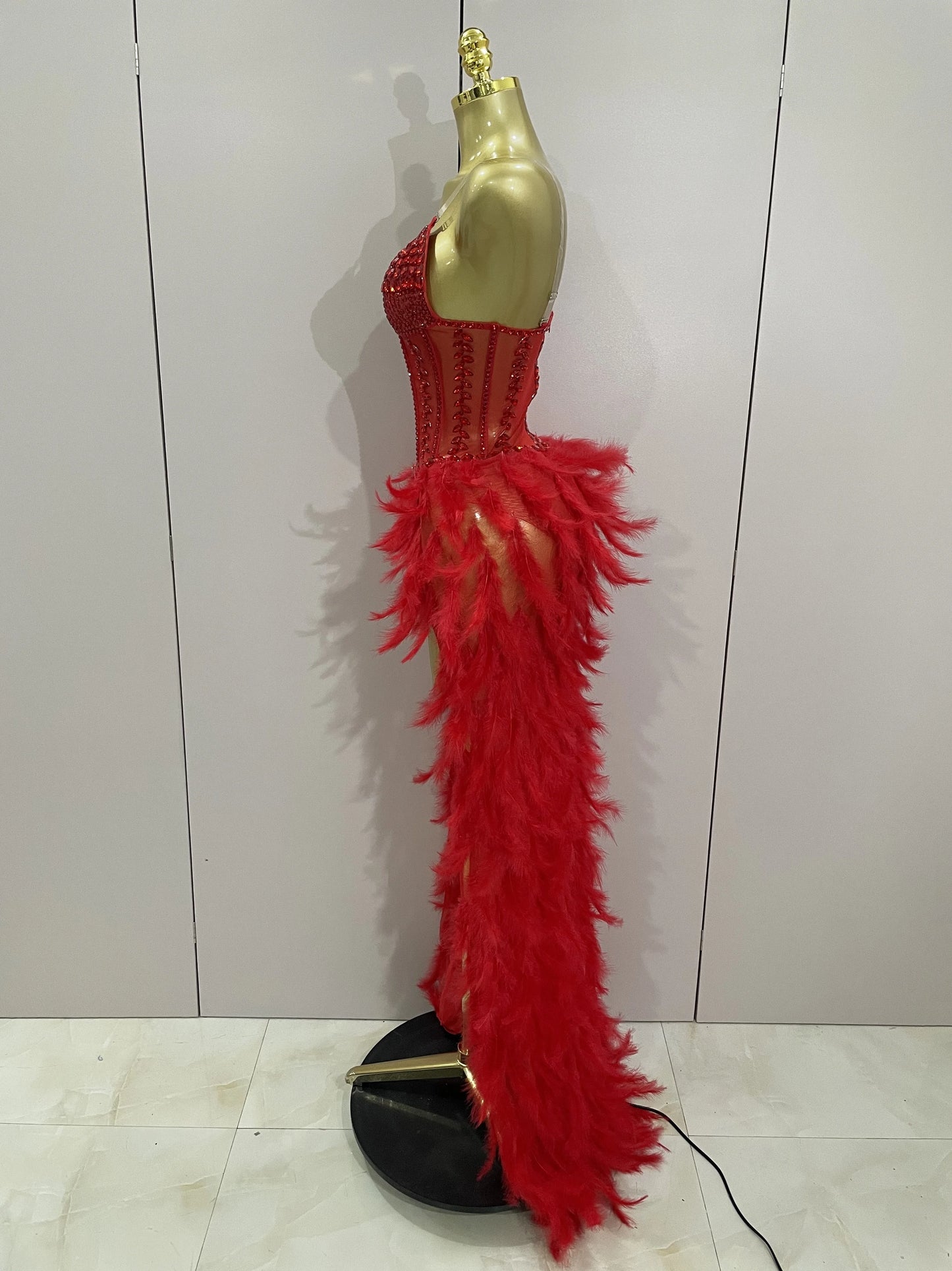 Sparkly Rhinestones Feathers Long Tail Bodysuits Sexy Mesh Transparent Stage Dress Evening Party Celebrate Luxury Birthday Dress