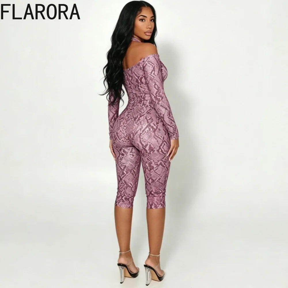 FLARORA Sexy Serpentine Print Jumpsuits Woman Halter Off-shoulder Full Sleeve Skinny Peach Hip Playsuits Hottie Party Clubwear