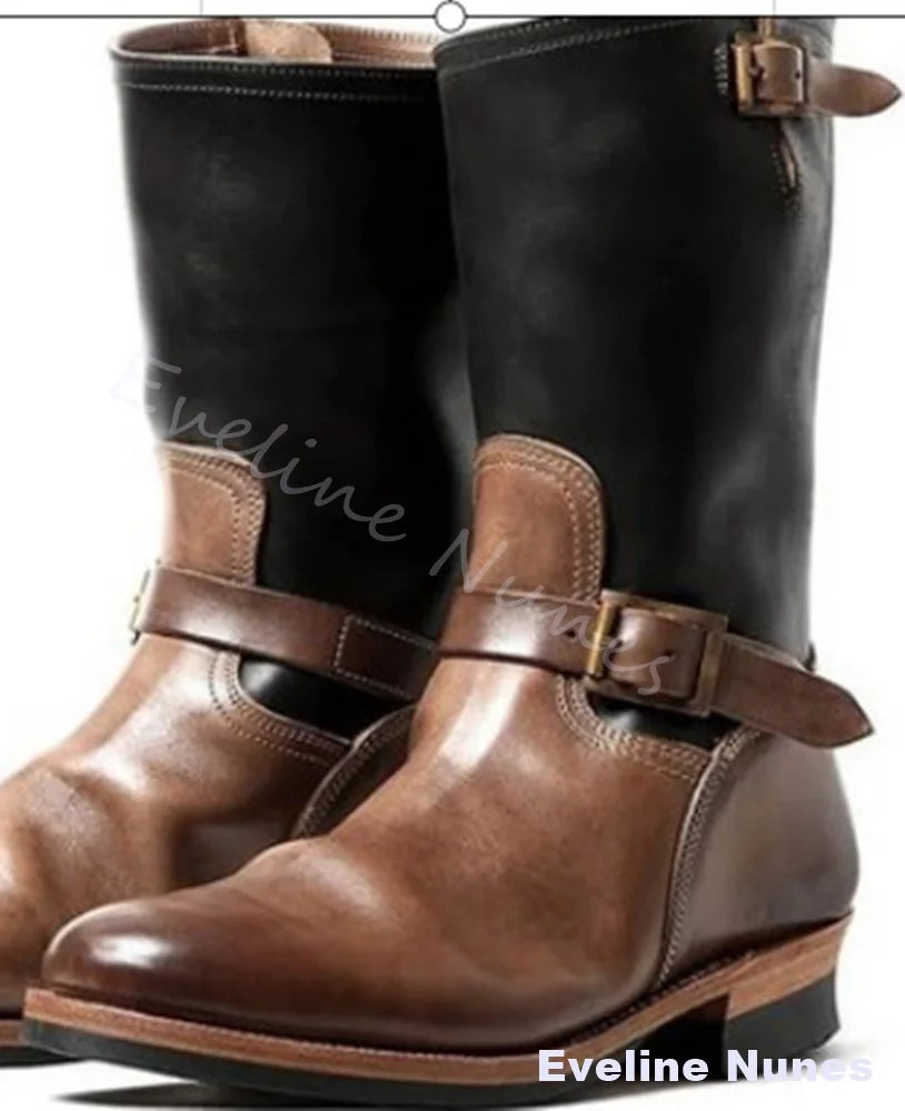 Black Vintage Leather Engineer Boots Men Round Toe Double Metal Buckle Slouchy Mid Calf Boots Low Block Heel Motorcycle Boots