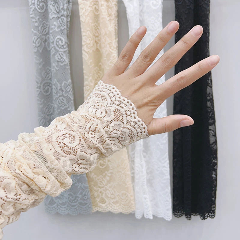 Women Summer Ice Silk Lace Arm Sleeve Elastic Sleeve Driving Gloves Black White Long Fingerless Mittens Sunscreen Gloves