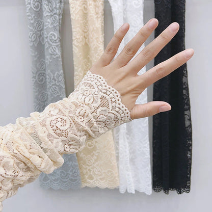 Women Summer Ice Silk Lace Arm Sleeve Elastic Sleeve Driving Gloves Black White Long Fingerless Mittens Sunscreen Gloves
