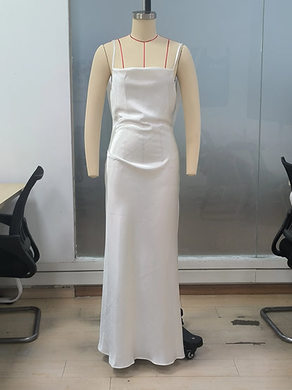 Luxury White Satin Backless Veatido Women Sexy Spaghetti Strap V-neck High Split Midi Dress Vacation Evening Party Beach Outfits