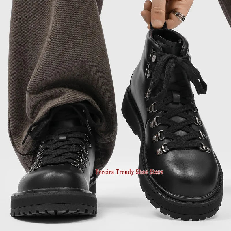 Brown Suede Platform Motorcycle Boots for Men Retro Thick Soled Round Toe Lace-Up Ankle Boots Autumn Winter New Men's Shoes