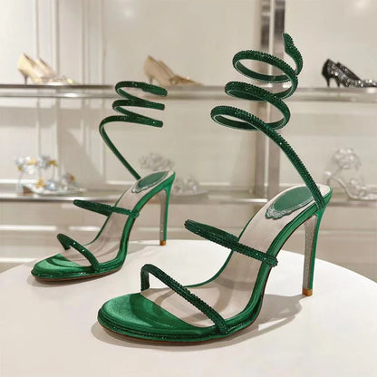 Summer Crystal Gladiator Sandals Women Rhinestone Twine Around Ankle Snake Wedding Shoes High Heels Sandals Woman