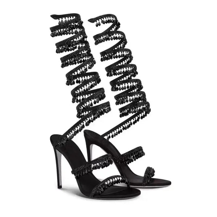 2026Women's New Water Diamond Sandals Fashion Tassel Crystal Shoes Sexy Banquet Party Twin Stiletto Women's Large Sandals