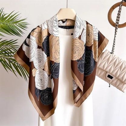 90cm Floral Print Silk Square Scarf Women Luxury Brand Satin Shawls Neckerchief Wrap Scarves Bandana Hair Hjiab Bohemian Style