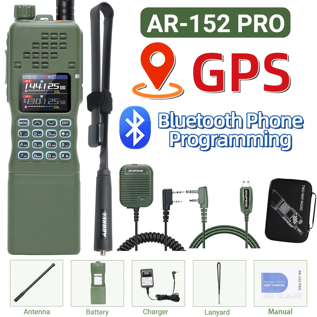 BAOFENG AR-152 PRO GPS Walkie Talkie  12000mAh  Multi Band Long Range Bluetooth 10W ProgrammingTri-power Two Way Radio UV-32