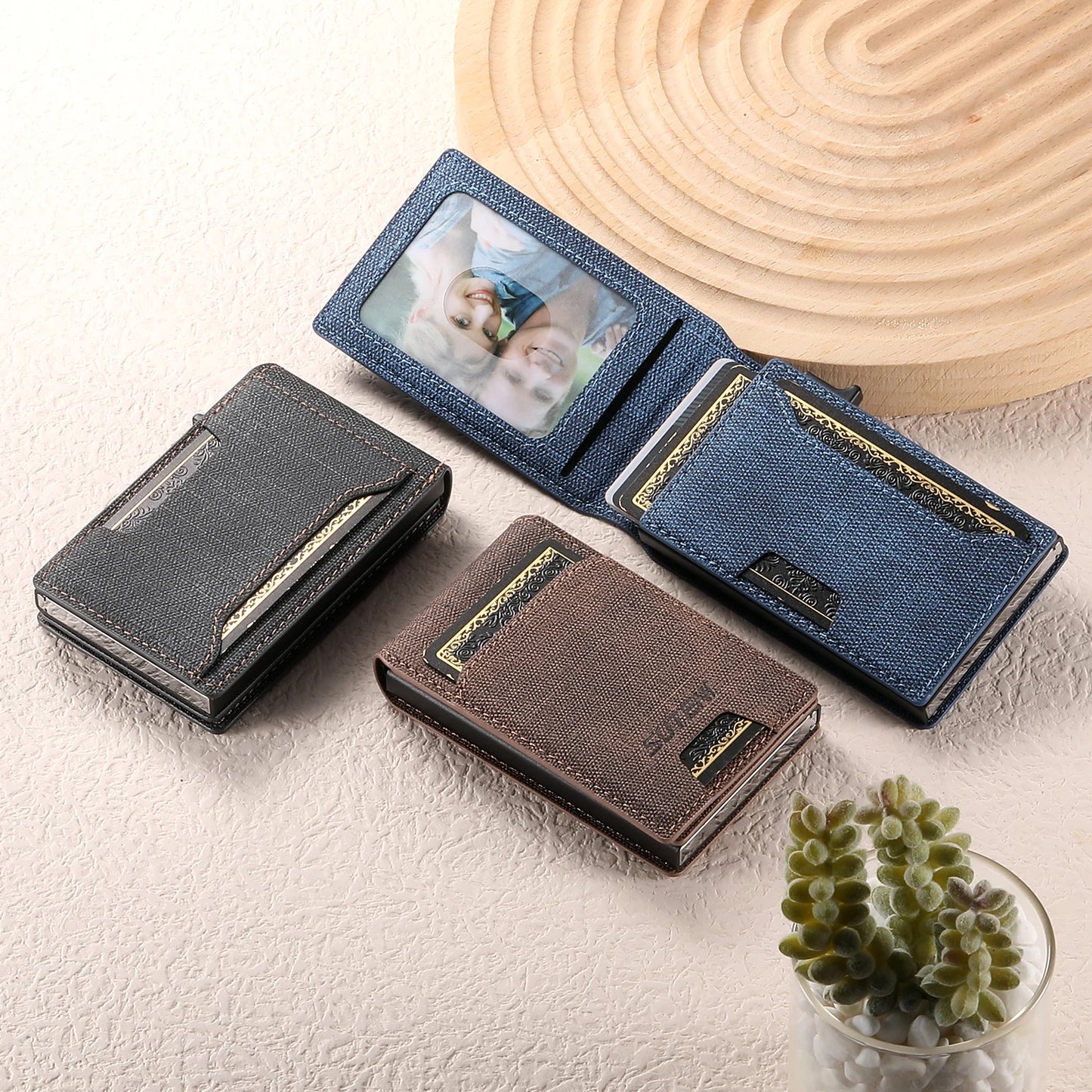 Push-out Card High quality PU leather Card Holder Wallet Holder Large Capacity Can Hold 1-12 Cards 1 Photo Black/Brown/Blue