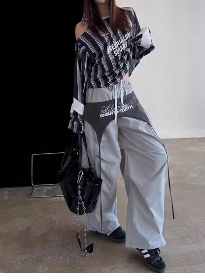Women Y2K Wide Leg Cargo Pants 2026 Spring Cross-layer Straps Casual Hip Hop Dance Streetwear Trousers Baggy Vintage Fashion