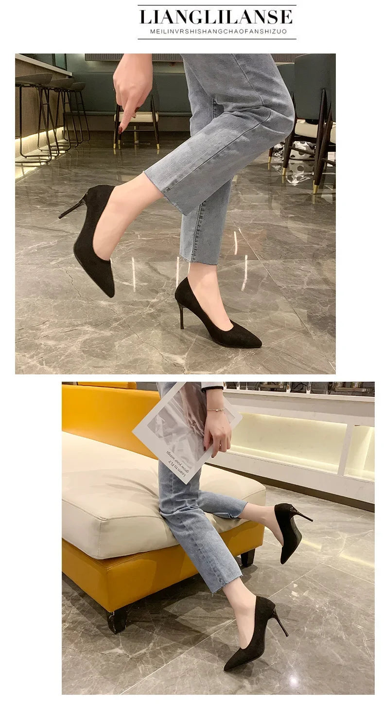 Spring and Autumn New Black High Heels Female Shallow Mouth Pointed Thin with Sexy Temperament Single Shoes Zapatos De Mujer