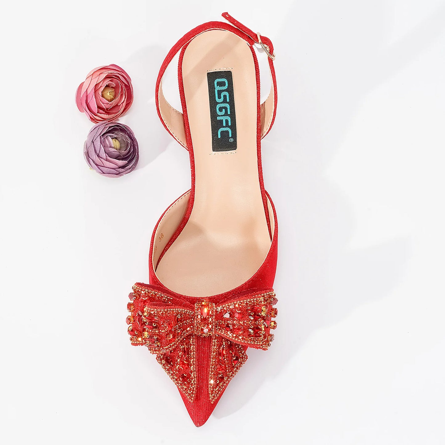 QSGFC Italian Design Red Elegant Women's Heels Fashion Crystal Bow Pointed Toe Sandals Nigeria Shoes Bag Set For Women