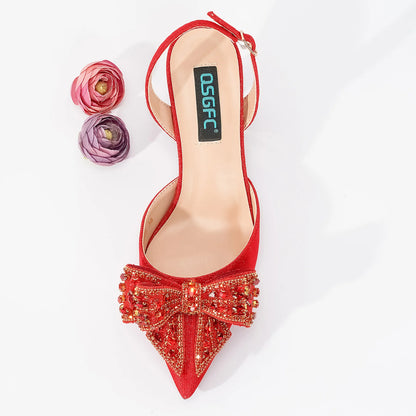 QSGFC Italian Design Red Elegant Women's Heels Fashion Crystal Bow Pointed Toe Sandals Nigeria Shoes Bag Set For Women